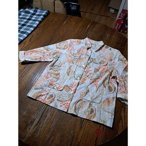 Size 14 Alfred Dunner Cotton Button Seashell Blouse Shirt Top Tan Peach Teal